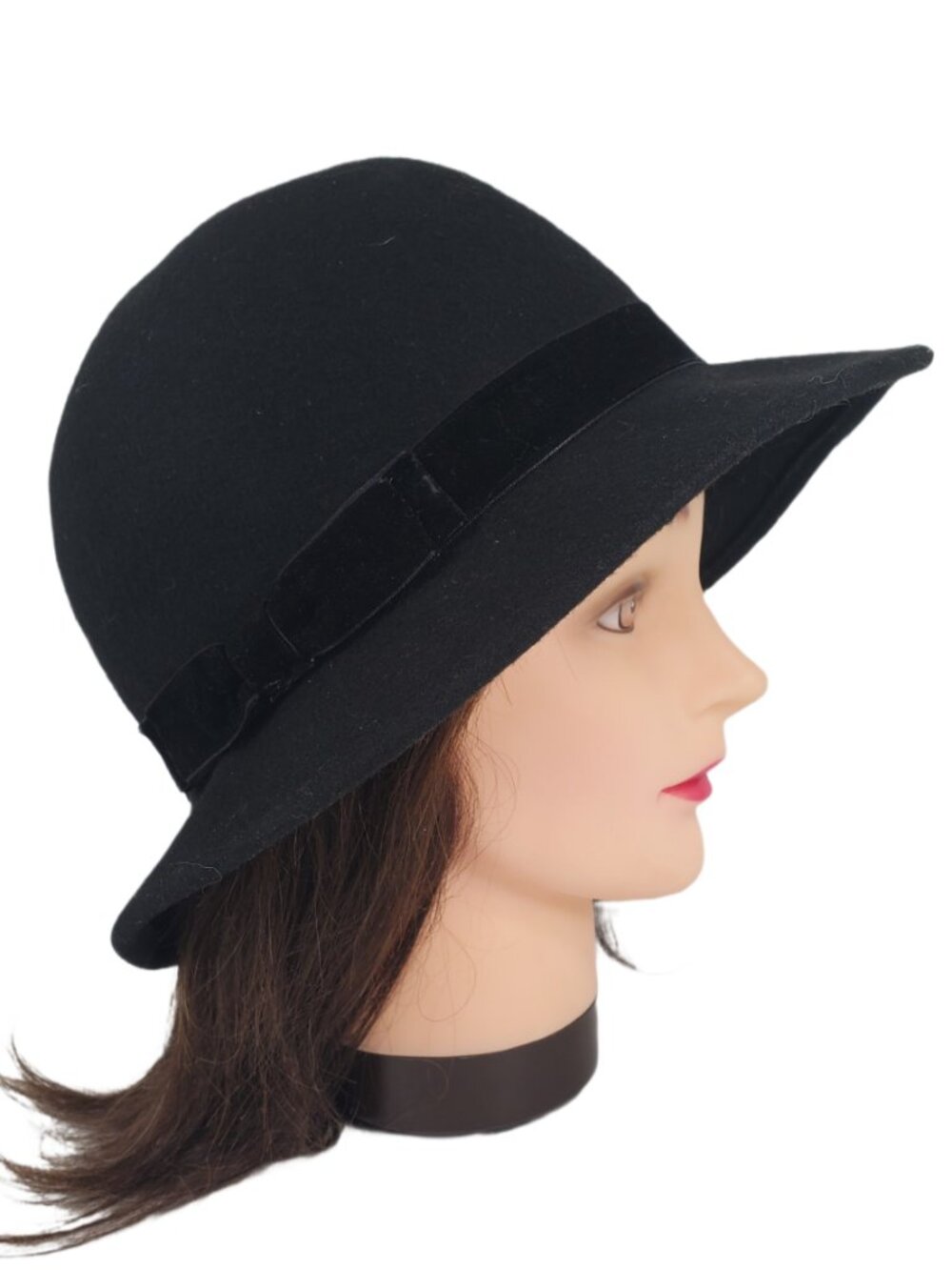 Forever 21 Black Cloche Hat 100% Wool Velvet w/ Ribbon Bow & Dragonfly Broach